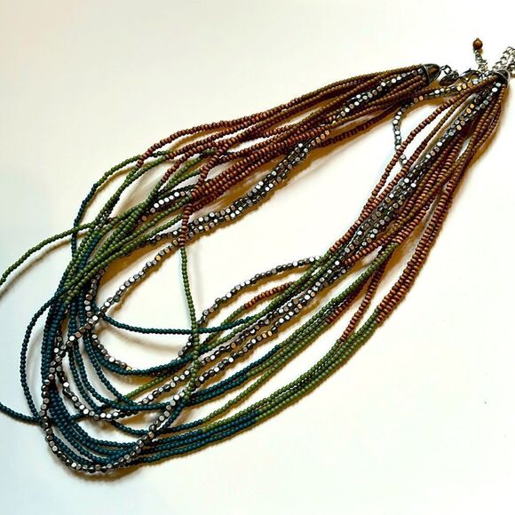 Multi Strand Seed Beaded Necklace in Greens and Browns 21-24” - Picture 1 of 3